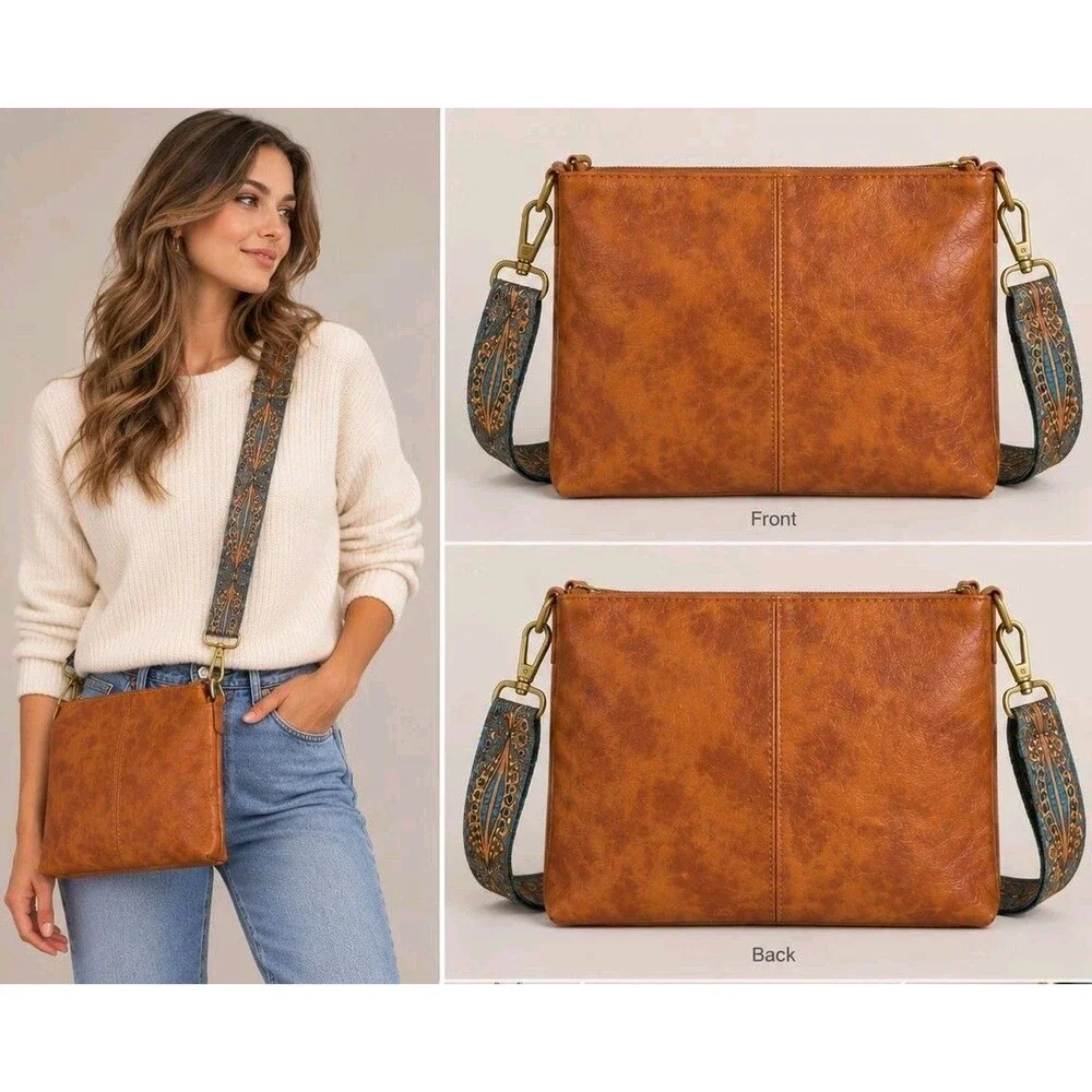 Cognac Brown Crossbody Bag Boho Patterned Guitar Strap Foldover Faux Leather